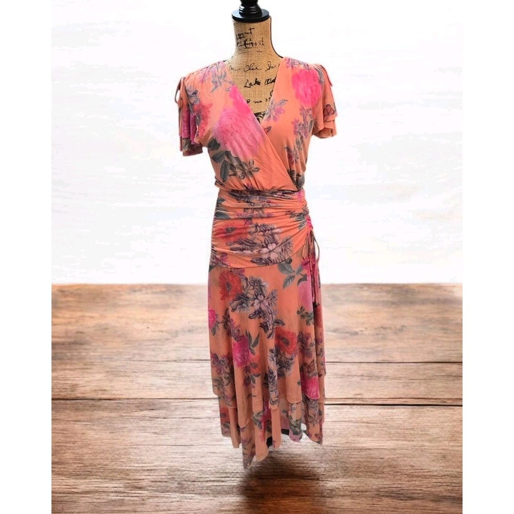NWOT Anthropologie Maeve Simone Chiffon Floral Ruched Midi Dress Fairycore Small